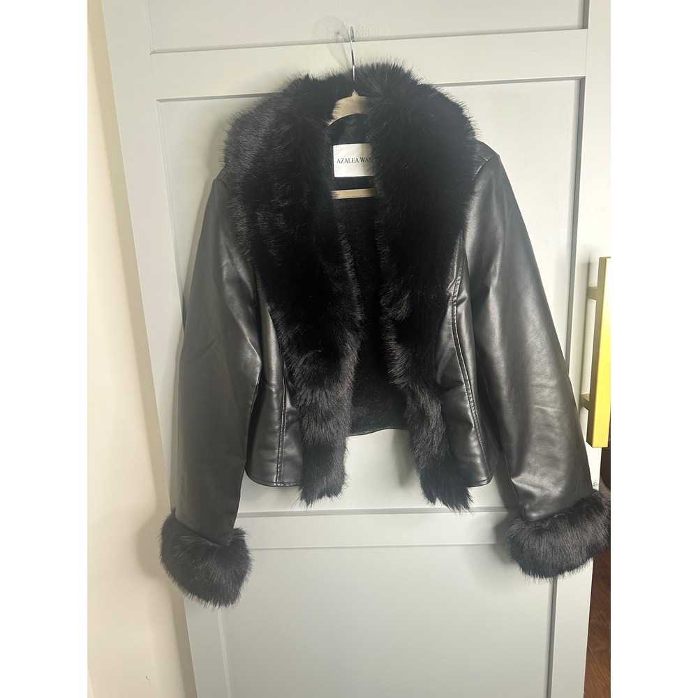 Azalea Wang Luna Black Faux Leather Jacket‎ Faux Fur Collar & Cuffs Size L